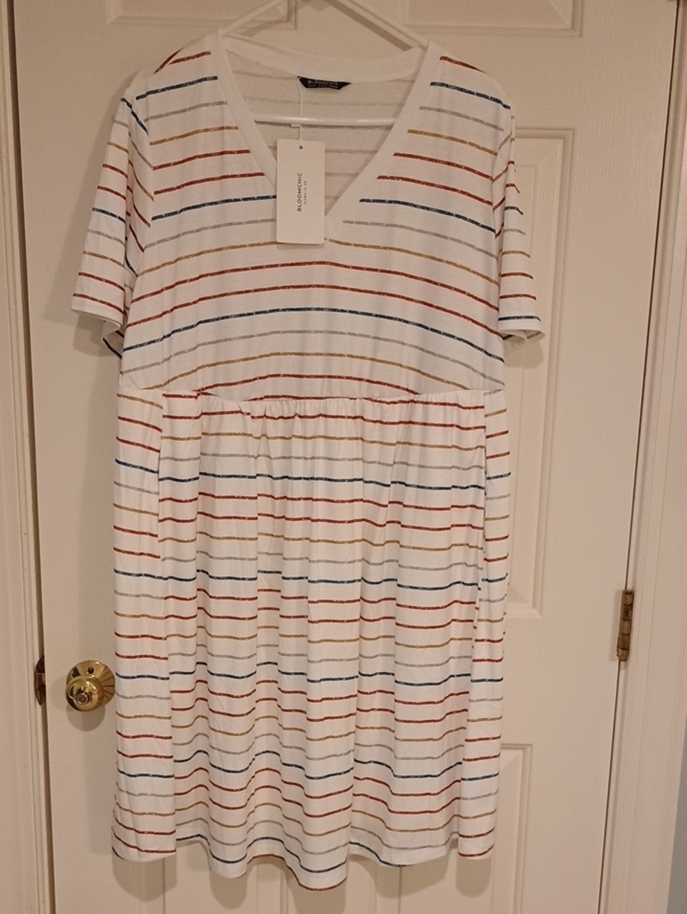 BloomChic White Mini Dress with Red, Blue, and Mustard Stripes